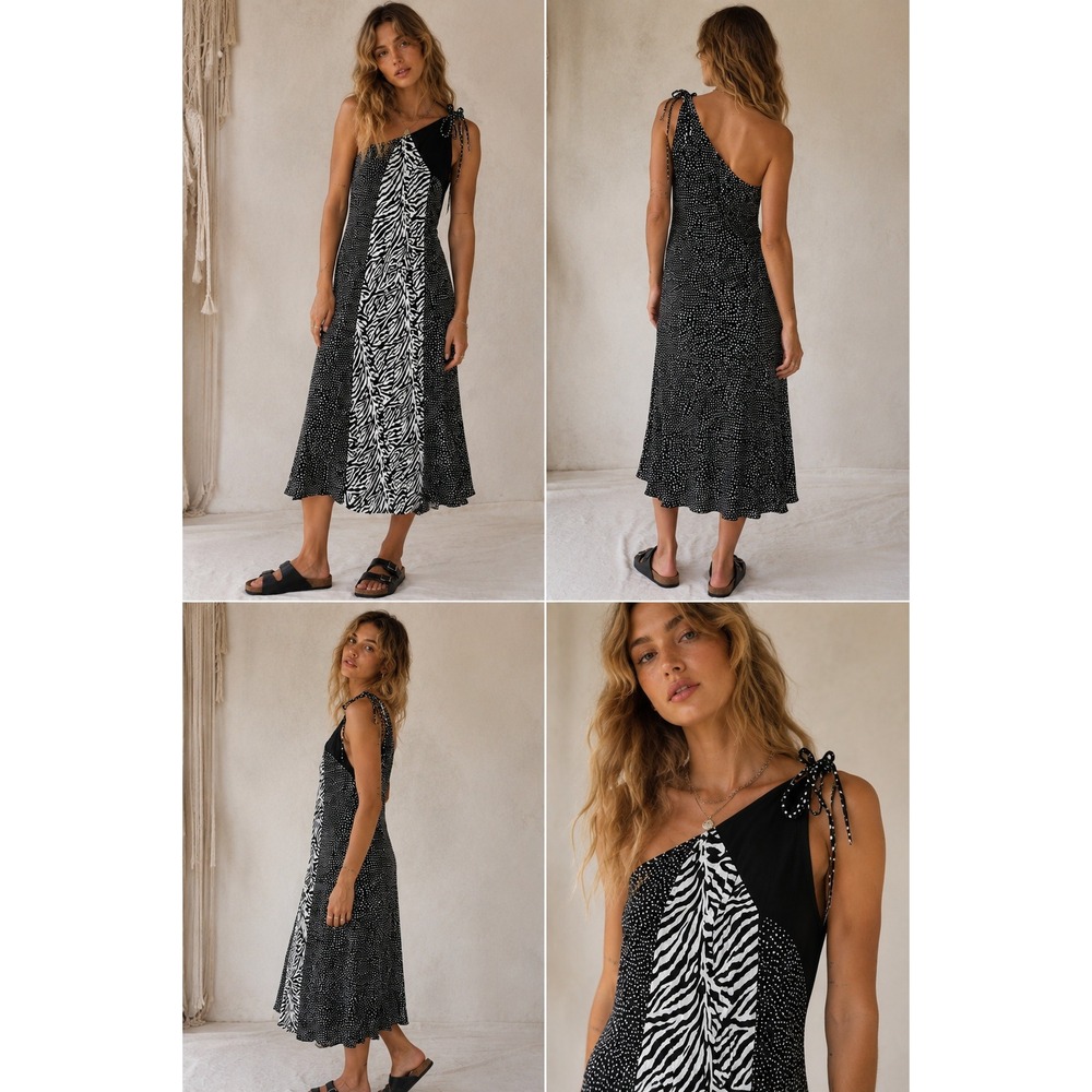Address One Shoulder Midi Dress 12 Black White zebra Vintage Y2K Mixed Print